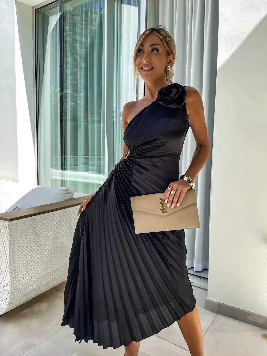 Women's One Shoulder Pleated Dress | Graduation | Seralina™ Close Up