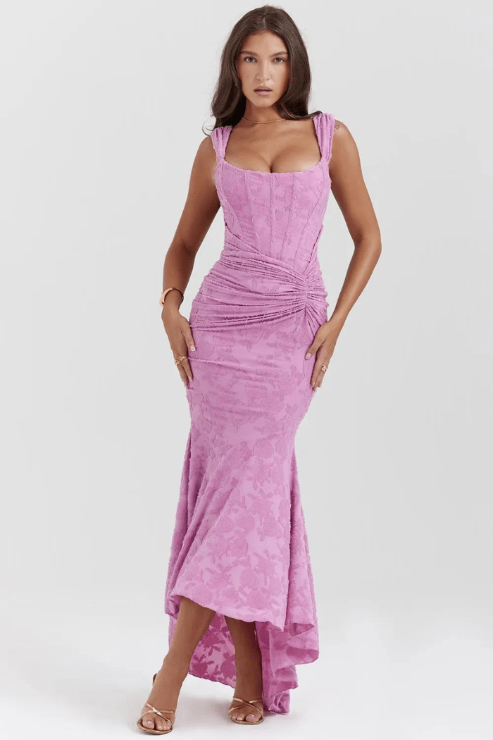 Women's Rose Print Maxi Dress | Flowing | Arabellina™ Close Up