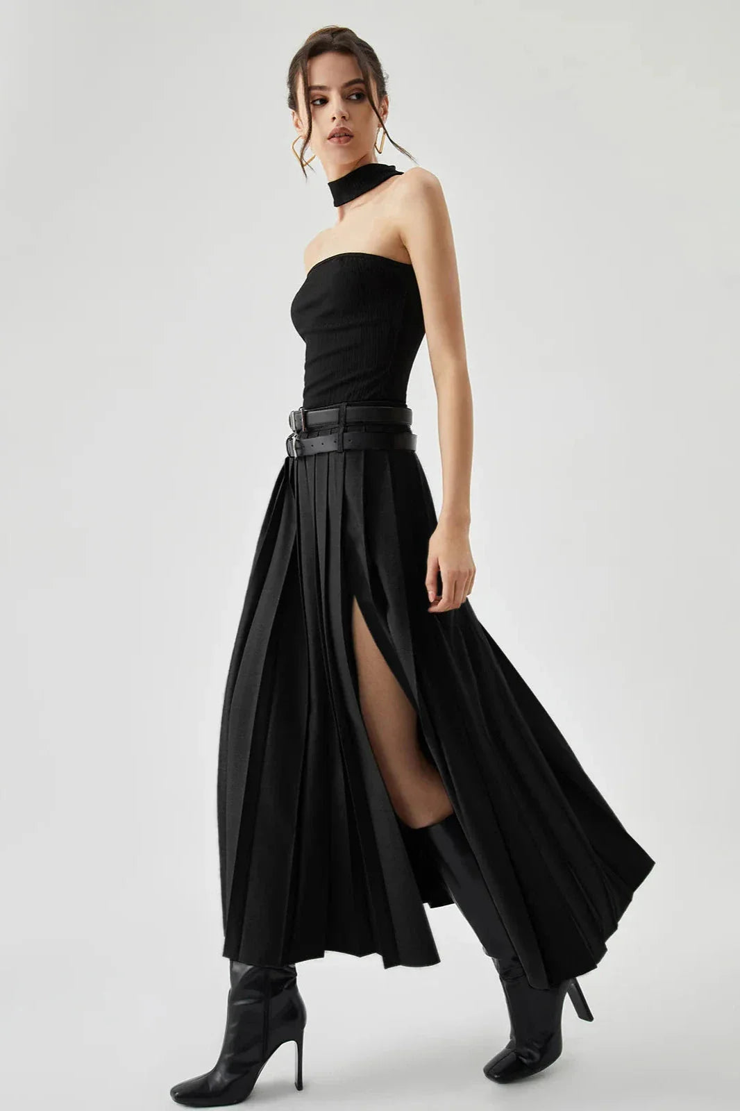 Women's Pleated Split Maxi Skirt | Avelliana™ Side